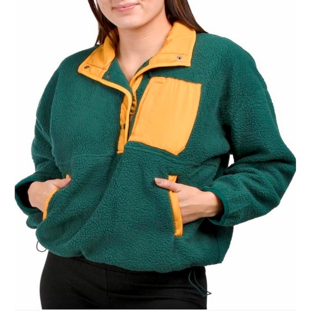 Wilo The Label Sherpa Fleece Snap‎ Pullover Jacket Green Yellow Small